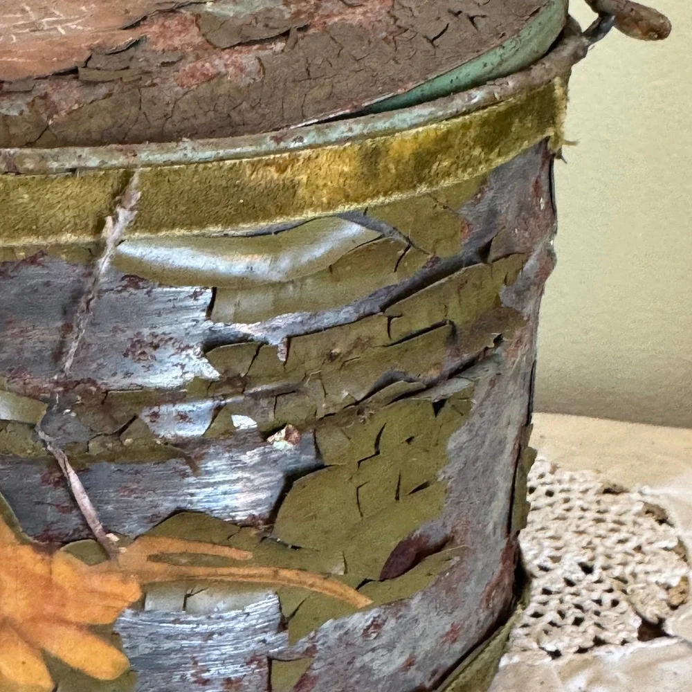 Vintage Primitive Metal Bucket Floral Tin Gingham Lined Rustic Farmhouse Decor